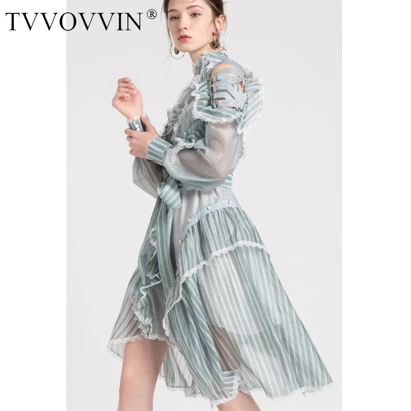 

TVVOVVIN Striped Dress Female Ruffles Off Shoulder Lantern Sleeve Belt High Waist Asymmetrical Dresses 2023 Spring Korean E008