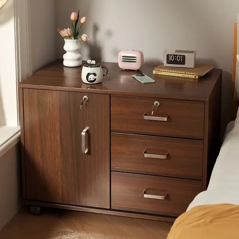 Movable Bedside Cabinet Solid Wood Locking Drawer Bedroom Storage Minimalist Modern Bedside Cabinet Storage Nightstand Furniture