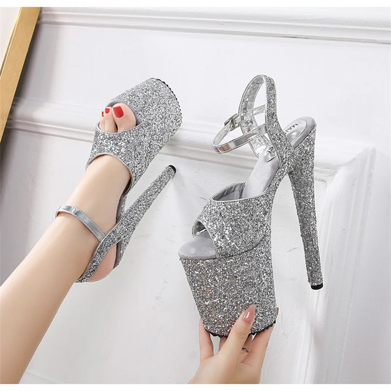 20CM Bling Sequined Women's Sandals with Heels Nightclub Pole Dancing Model Party Sandals 8inch Stilettos Wedding Stripper Shoes