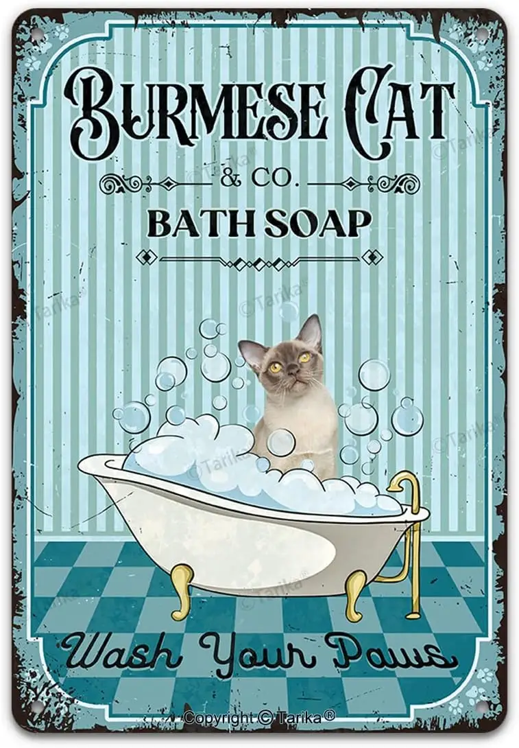 Gatto birmano e caffè Sapone da bagno Lavare le tue zampe Targa in metallo vintage Divertente adorabile gattino Pet Art Stampa Poster Bagno Toile
