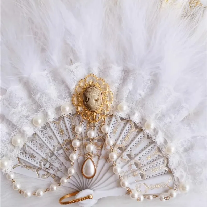 Pearl White Feathers Vintage Gold Stamping Folding Fan Lolita Harajuku Gothic Retro Style Portable Hand Fan Gifts