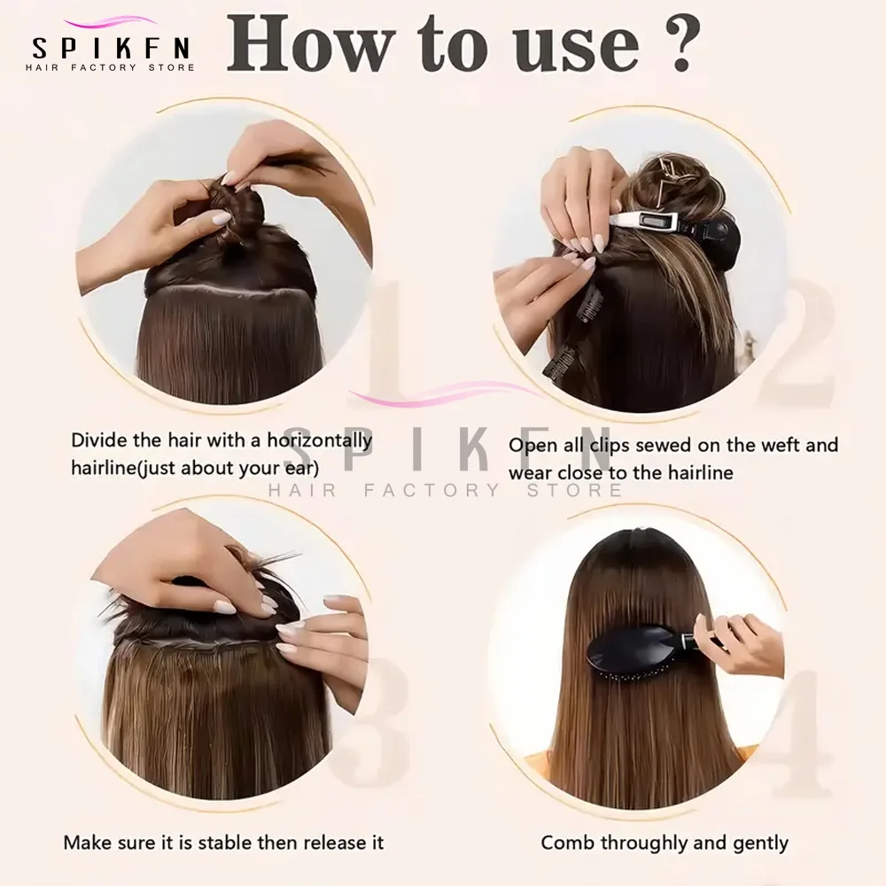 클립형 원피스 인모 연장 40-50G 블론드 브라운 웨프트 클립 천연 실크 스트레이트 헤어피스 여성용 12''-22''