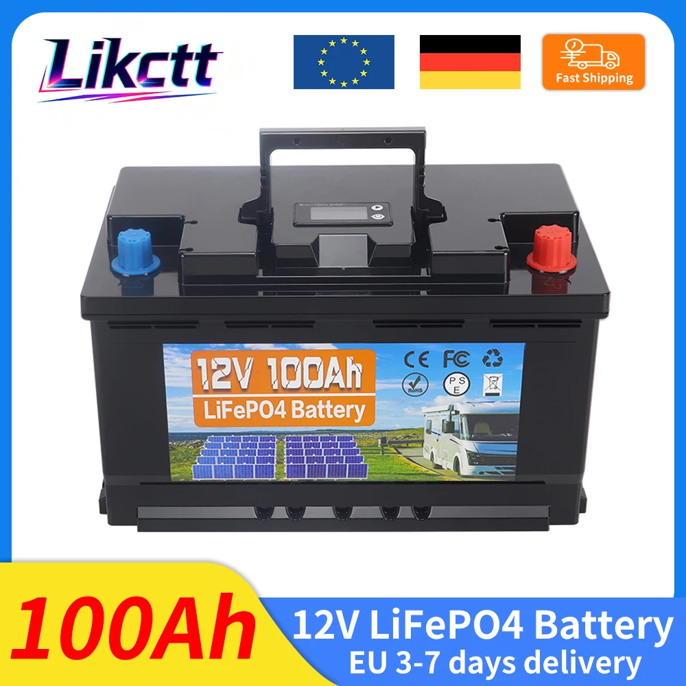 Batteria LiFePO4 12V 100AH 150AH 350AH con BMS integrato da 100A per camper, batteria impermeabile per golf cart, fuoristrada, energia solare off-grid, esente da tasse