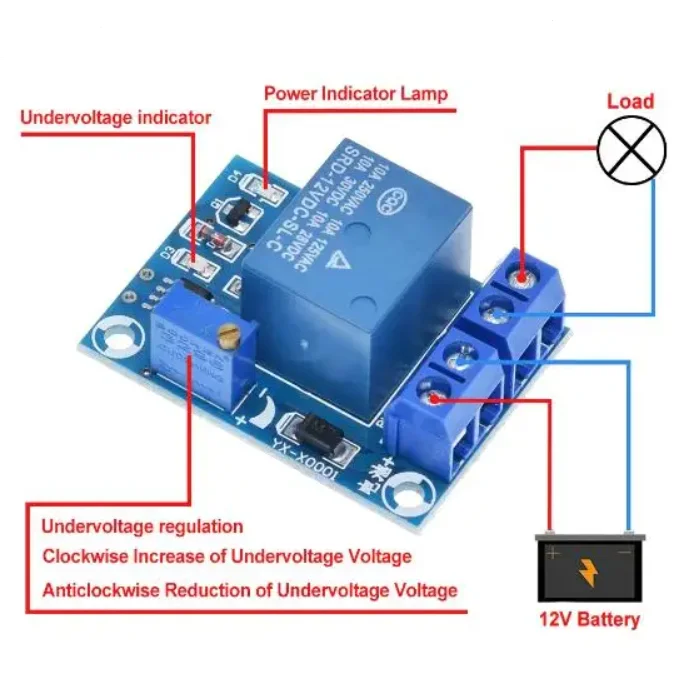 12V Battery Undervoltage Management Relay Module Voltage Undervoltage Auto Recovery Load Failure Protection Switch