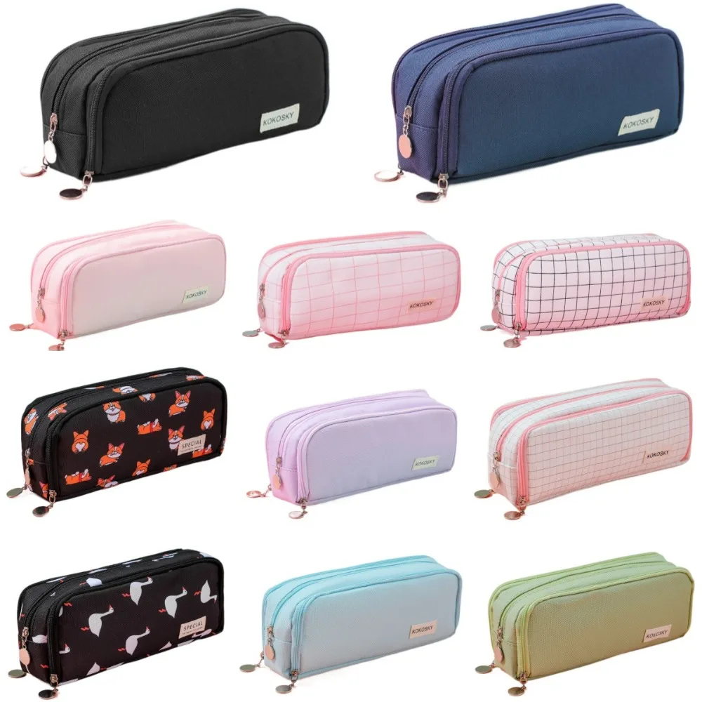 Korean Large Capacity Pencil Case Double Side Opened Desk Organizer Stationary Pen Storage Bag Ins Durable 3 Compartment Pouch