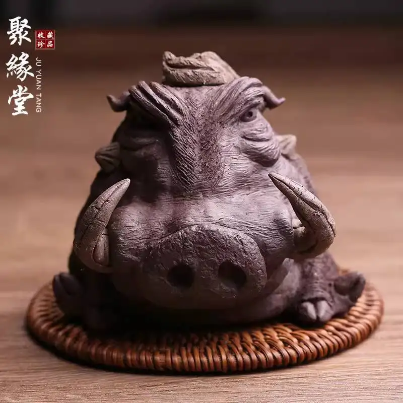 Yixing Purple Clay Pet Ornament Wild Boar, Purely Handmade By Master Liu Zuming, Exquisite Accessory, Used For Tea Ceremony And