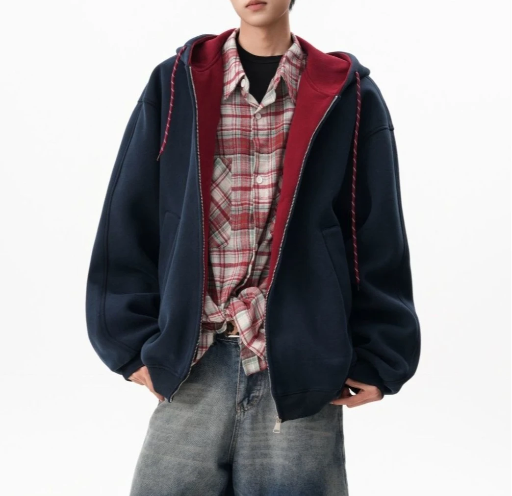 Heavy Color Matching Hooded Cardigan Jacket Men's 2026 Spring New Loose Sweater