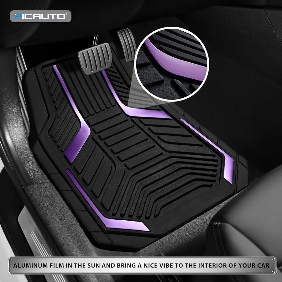 Heavy Duty Rubber Floor Mats Purple Aluminum Film Car Mats Set Front and Rear Car Mats with AntiSlip Backing All Weather Protec