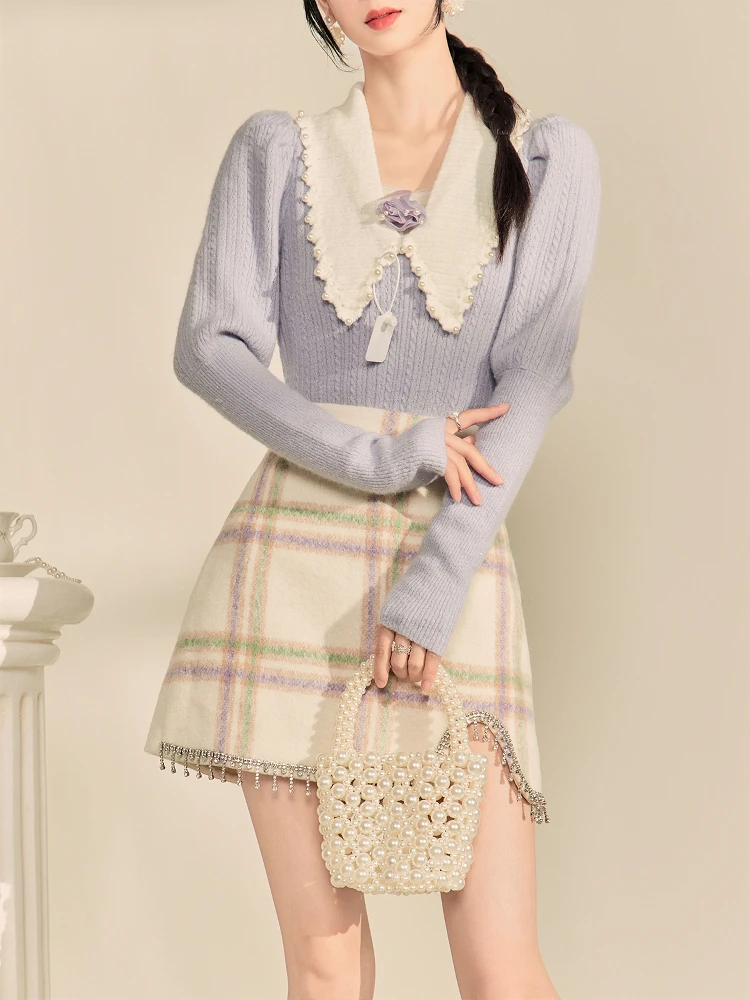 

Комплект из двух предметов Ele Faionable French Sle Long Sve Crew Ne ort Брюки Осенняя одежда для женщин в их 20-х и 30-х годов