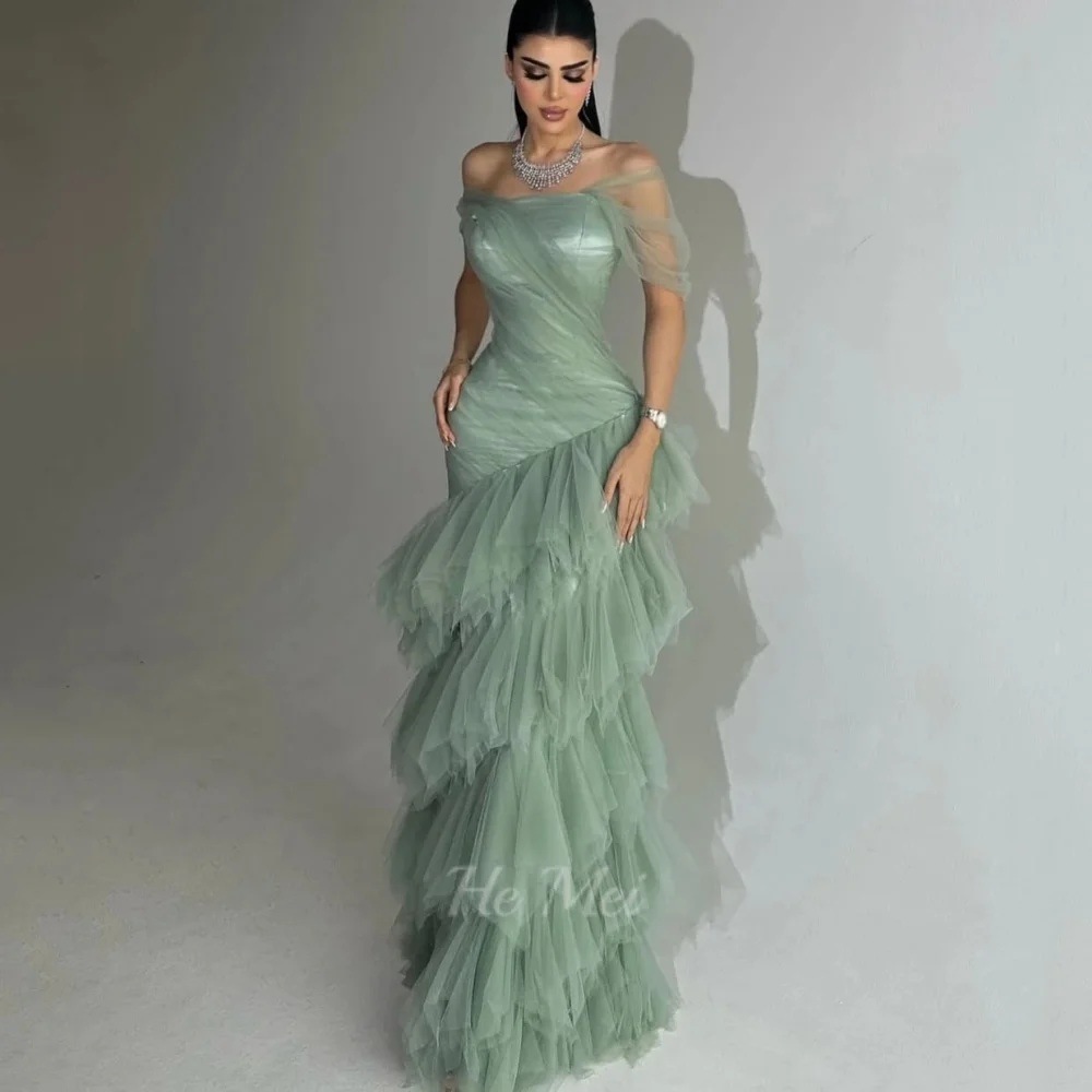 HM Strapless Prom Dresses Romantic Customized Tulle Tiered Evening Dress Off Shoulder Party Gowns Vestidos De Novia