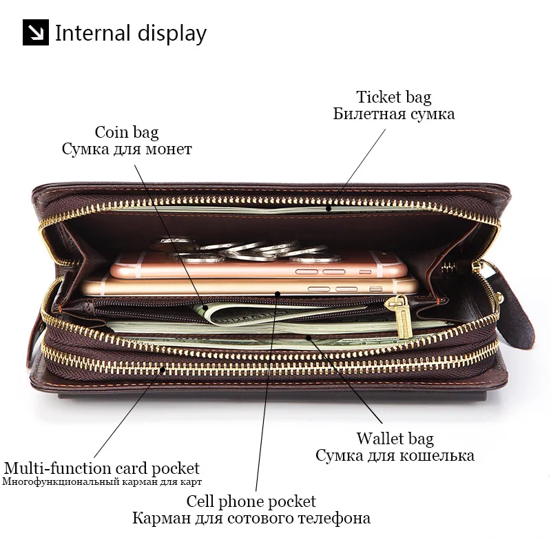 New Large Capacity Men Wallets Genuine Leather Handbags Name Customized Retro Male Purse Phone Bag Zipper Mens Clutch Money Clip