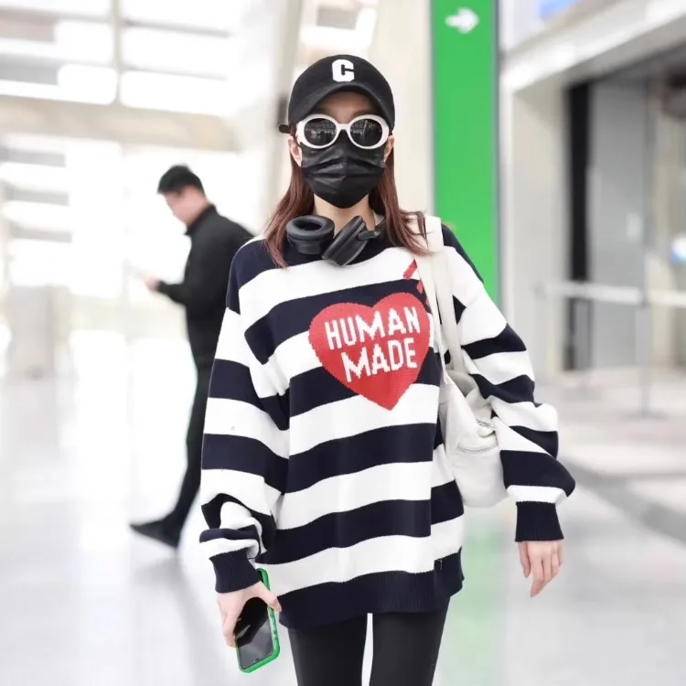 HUMAN MADE Striped Sweetheart Neckline Knit Sweater 100% Cotton Unisex Couples Pullover Cozy Winter