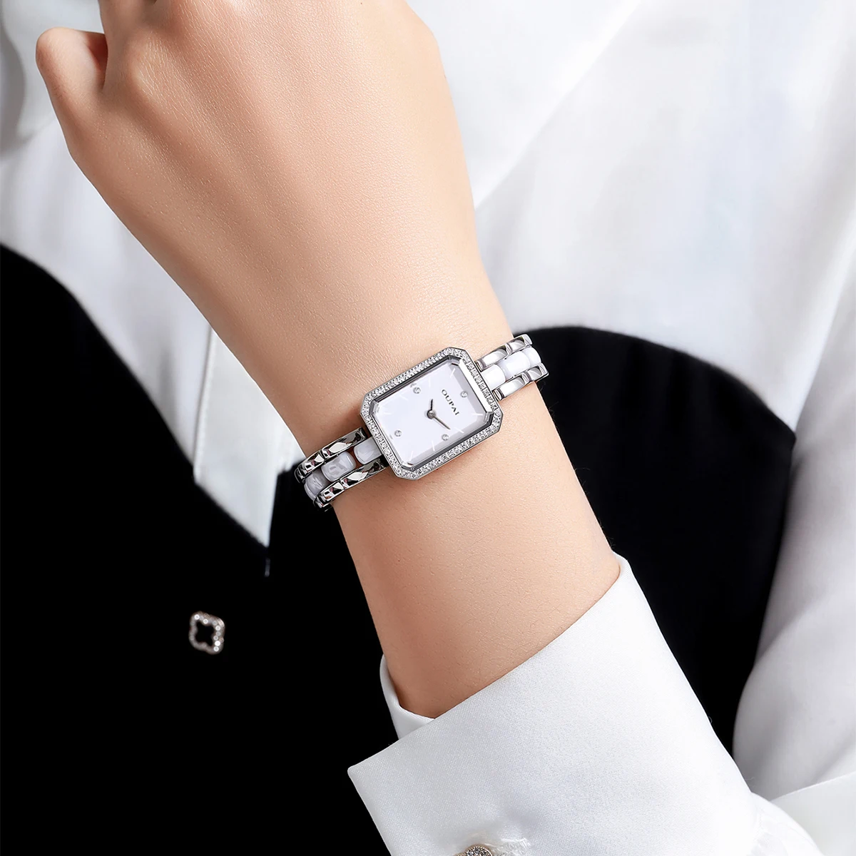 Oupai Reloj Rectangular Pulsera de Mujer Cuarzo Blanco Reloj de Pulsera de Cadena Simple y a la Moda Vestido Exquisito Resistente al Agua