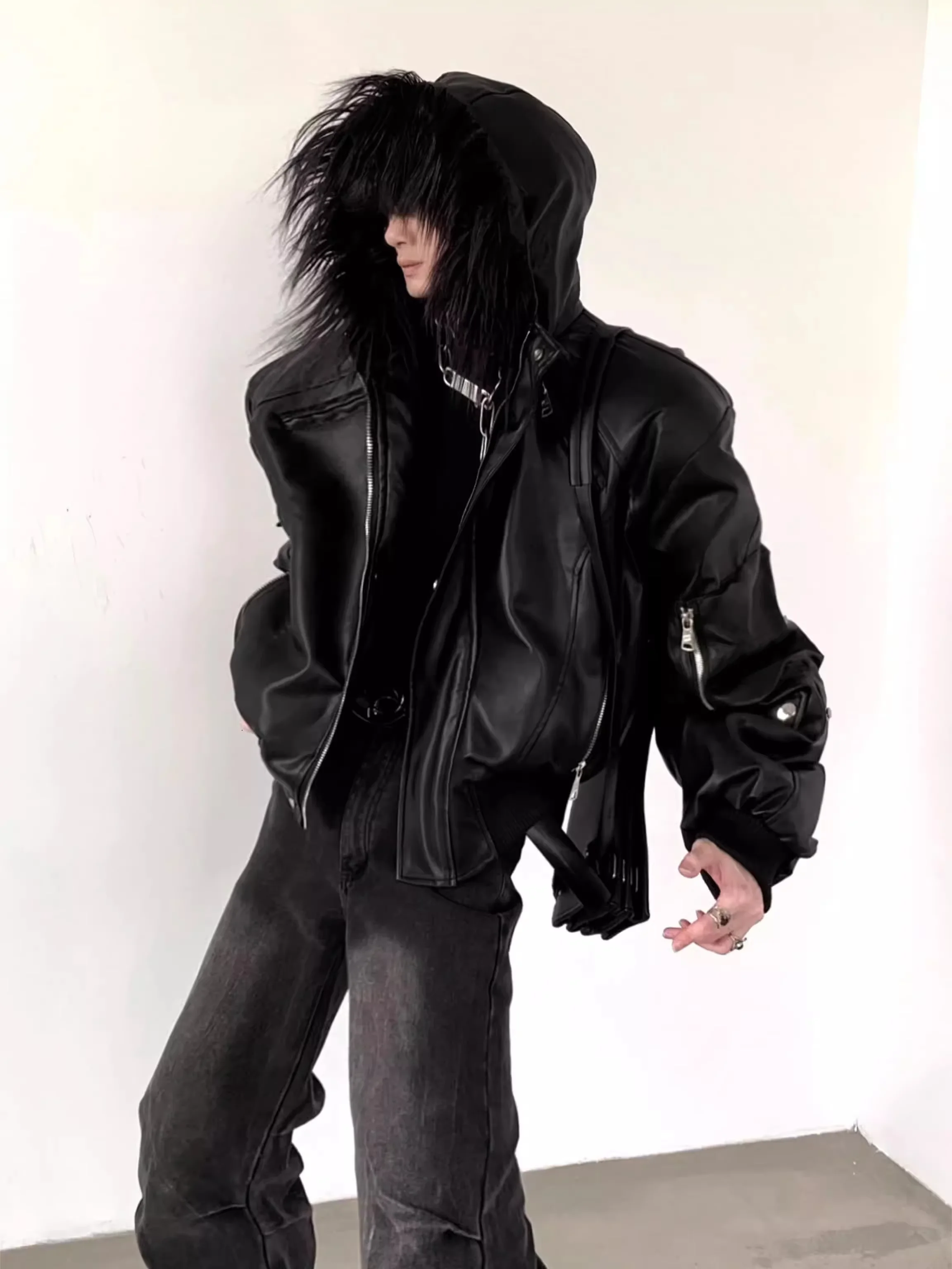 Mauroicardi Spring Autumn Cool Short Oversized Black Warm Pu Leather Jacket Men with Faux Fur Trim Hood Luxury Designer Clothes