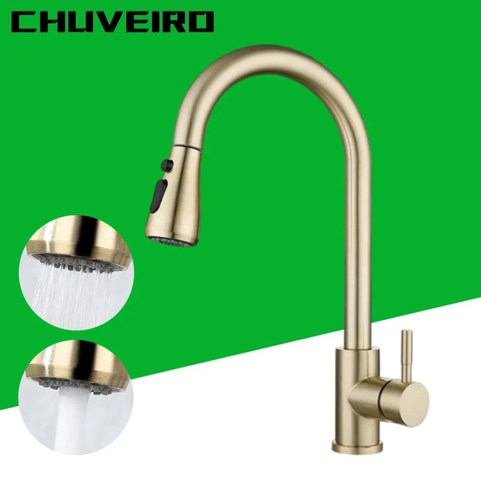 Brushed Gold Kitchen Sink Faucet Pull Out Black 304 Stainless Steel Single Handle Hot and Cold Water Mixer Tap Basin Faucets