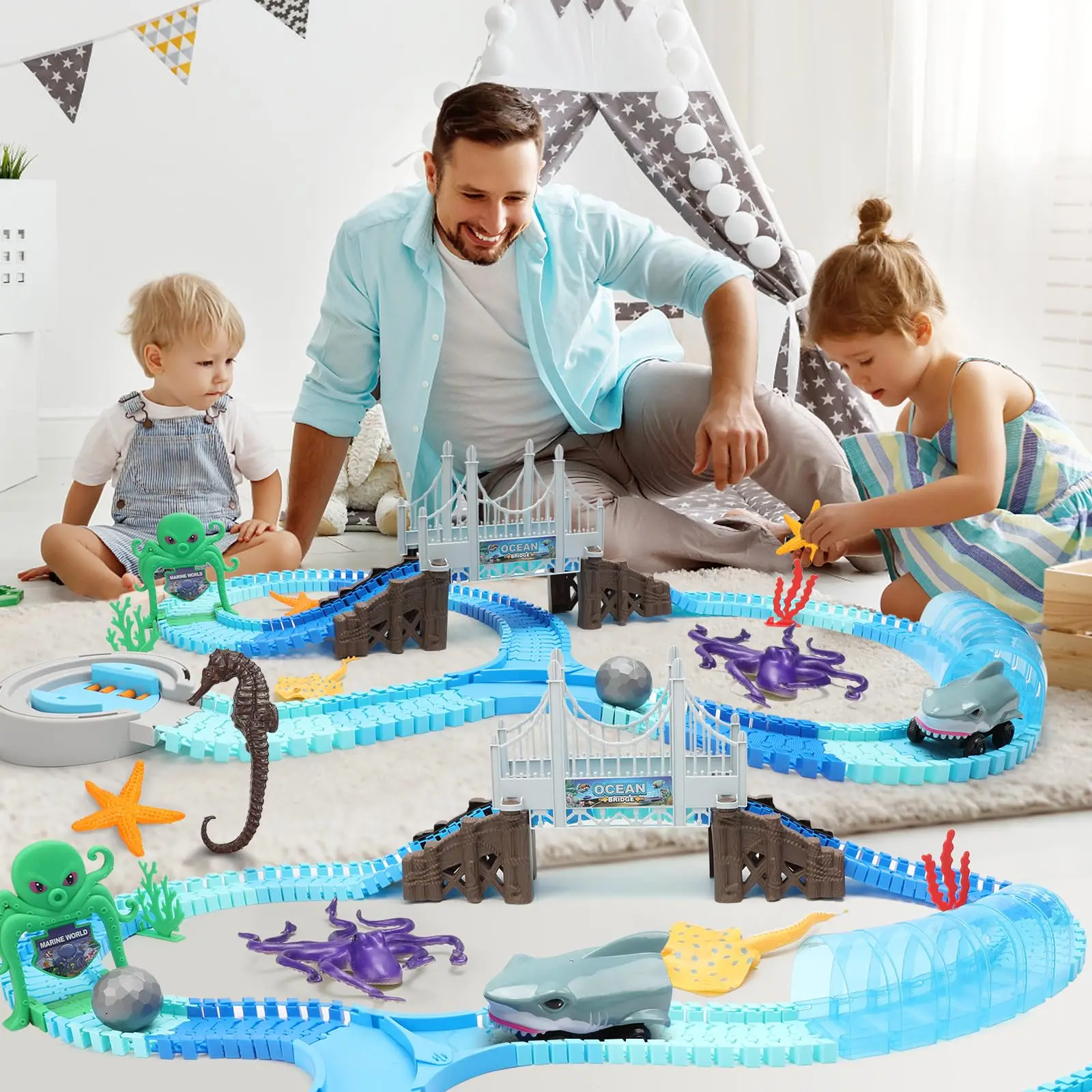 

VATOS Track Toys-Shark Racing Cars Flexible Bendable with Ball Ocean Theme Train STEM Educational Playset Birthday Gift for kids