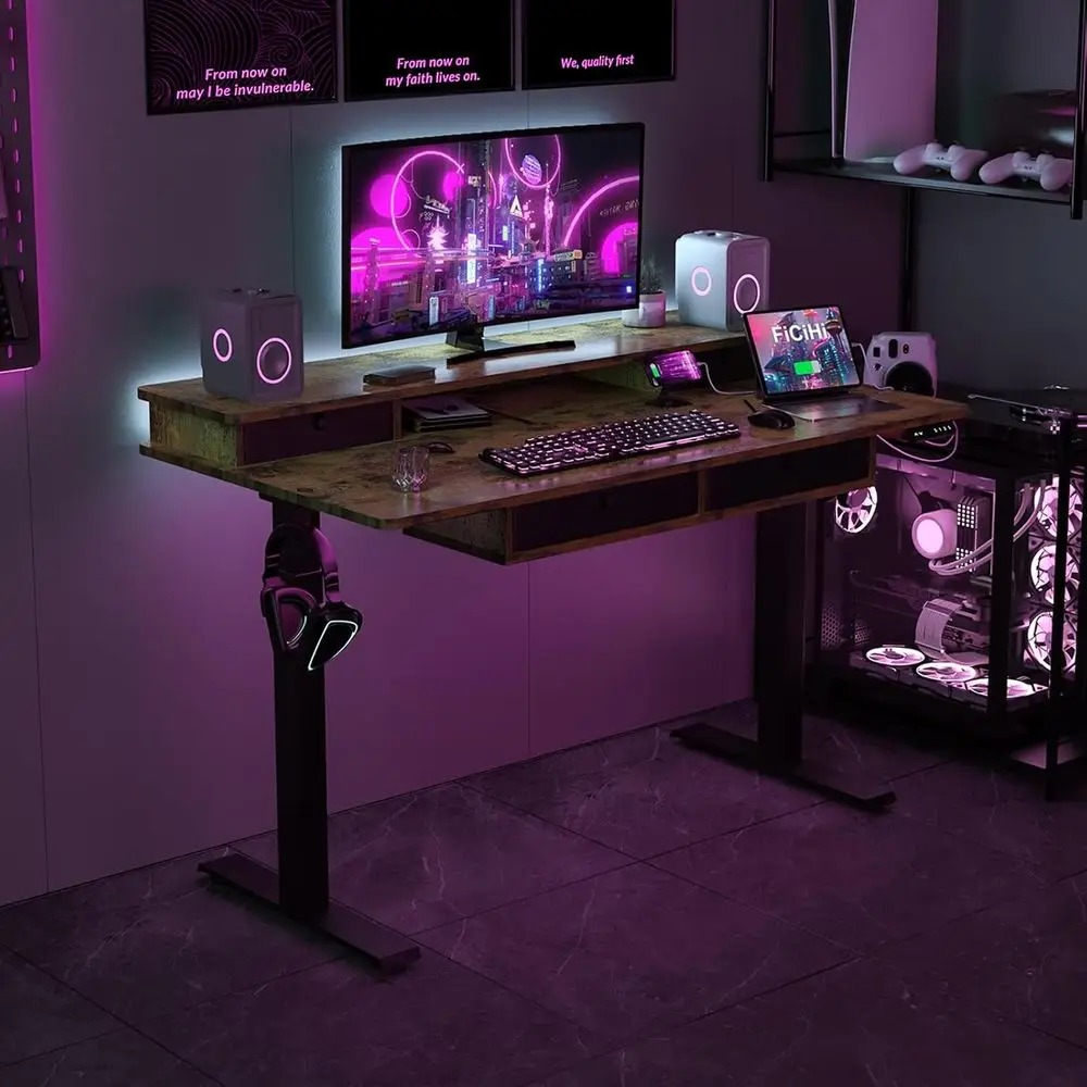 Electric Adjustable Height Desk, 55x30 Sit-Stand Desk with 4 Legs, 2 Tiers, 3 Memory Presets, Monitor Riser, USB Charging Port