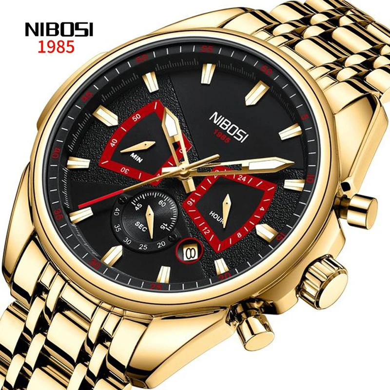 

NIBOSI New Sports Chronograph Quartz Watch for Men Stainless Steel Waterproof Luminous Calendar Mens Watches Top Brand Luxury