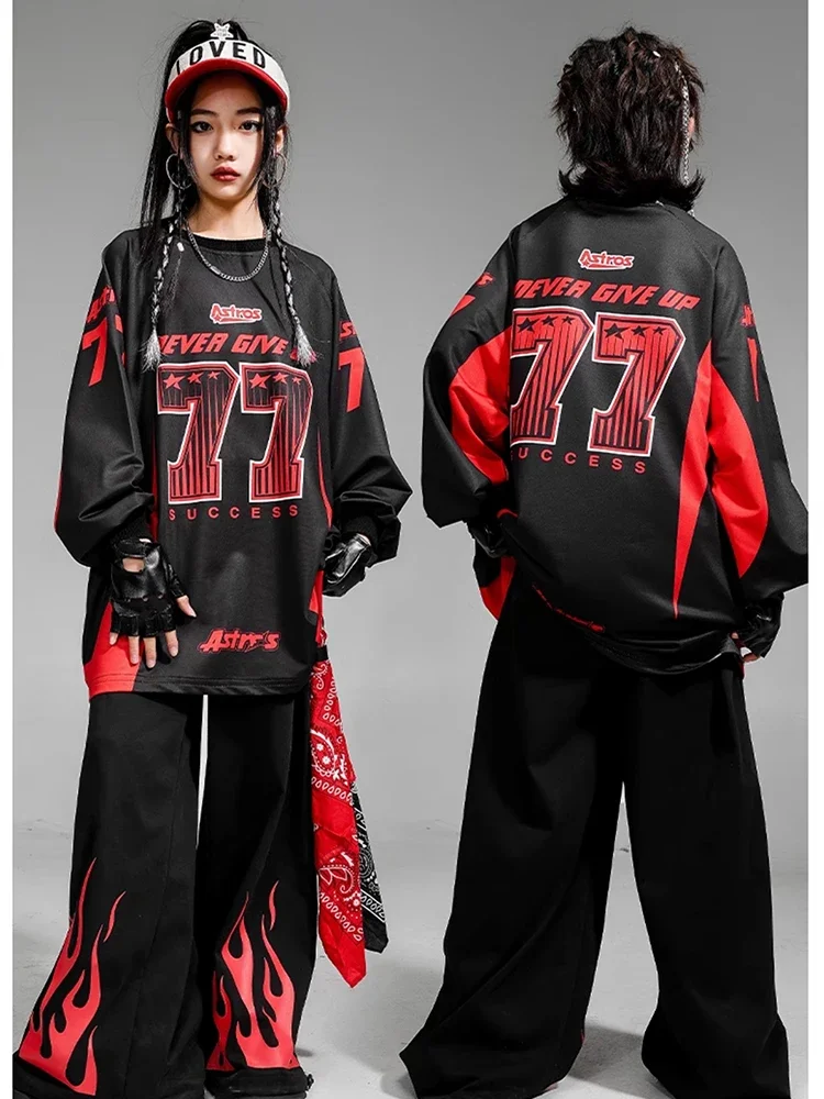 

Jazz Dance Performance Wear Party Street Dance Wear Hip Hop Costume For Girls Boys Black Red Flame Show Stage Outfits