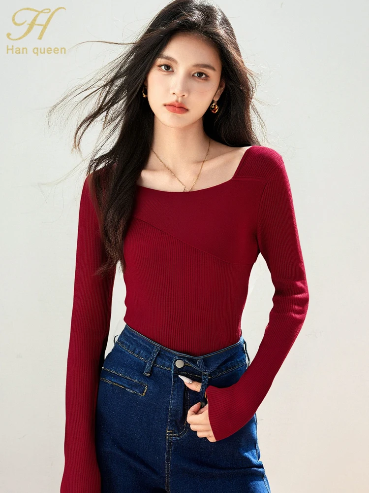 

H Han Queen Korean Simple Basic Autumn Fashion Pullover Sweaters Vintage Casual Long Sleeve Tops Women's Clothing Knitwear 2025