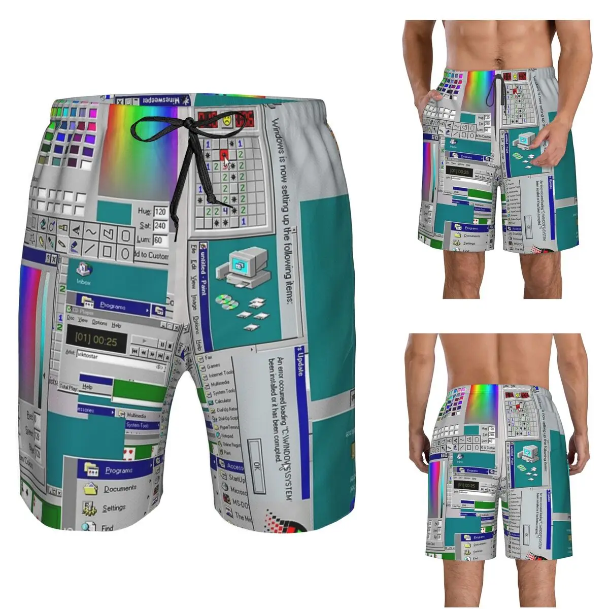 Windows 95 Collage Trunks Beach Board Shorts Casual Quick Dry Swimming Summer Men Pants