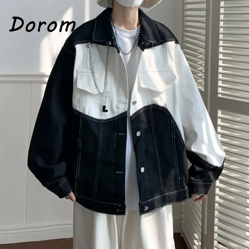 

Vintage Patchwork Black White Denim Jacket Men Y2k Korean Turn-down Collar Long Sleeve Outerwear Male Streetwear Loose Jean Coat