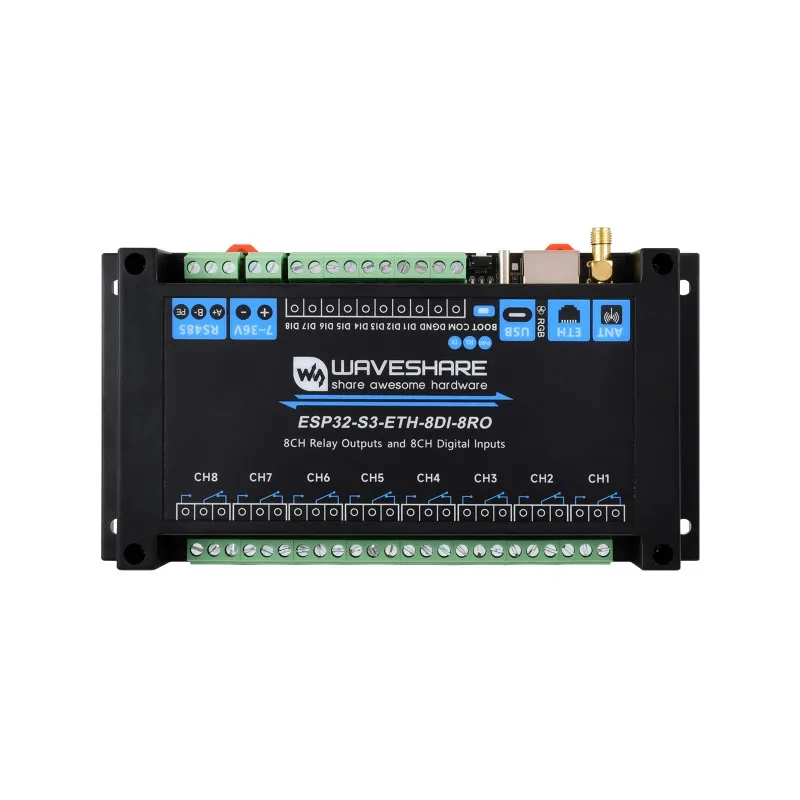 산업용 8채널 ESP32-S3 WiFi 릴레이 모듈, 온보드 절연 RS485 인터페이스, 내장 Xtensa 32비트 LX7 듀얼 코어 프로세서