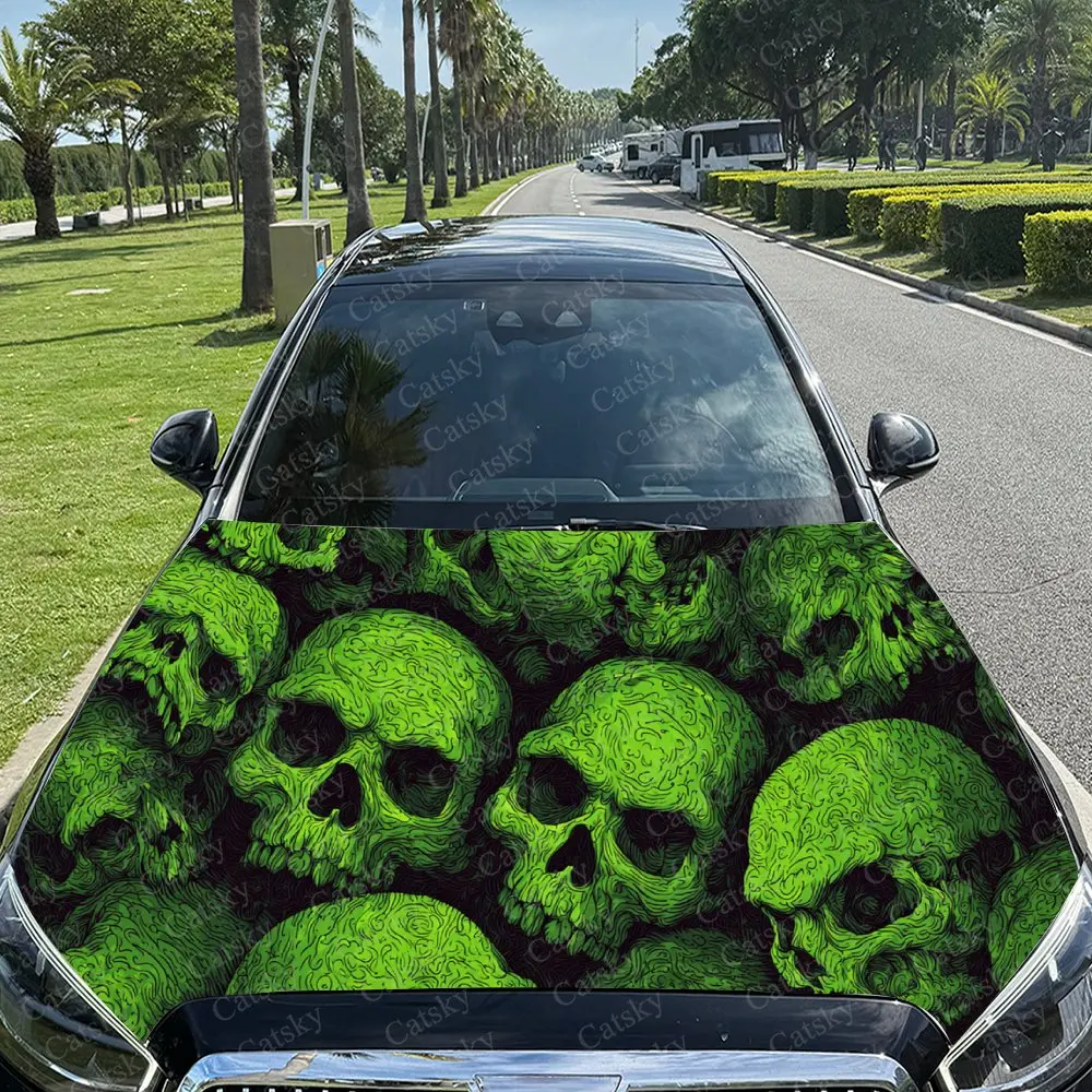 Car Decal Green Multi-Skull with Artistic Element in Dark Gothic Design, Creating a Bold and Unique Visual Car Hood Sticker, Wat