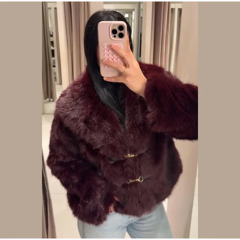 Elegant PU Fur Patchwork Jacket Women Loose Detachable Collar Lapel Double Breasted Jackets Female Fashion Winter Warm Outwear