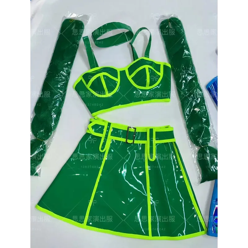 Women Holographic Laser Rave Outfit Set,Iridescent 4Pcs Costume with Long Braid Hair for Nightclub Gogo Dancer Stage Performance