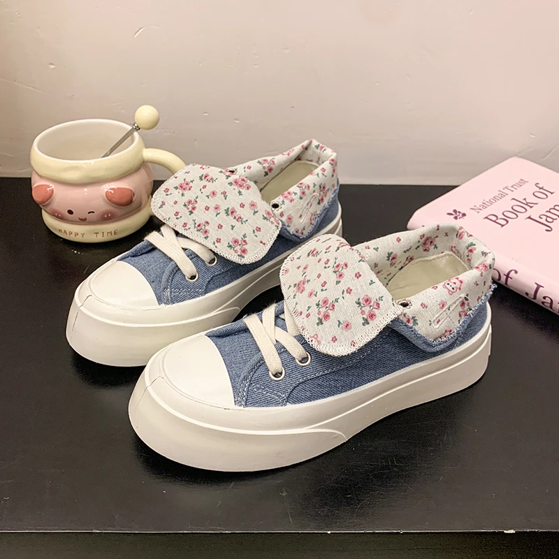 

Two Ways Wear Women’s Platform High-top Canvas Vulcanize Shoes Fold-over Printed Sneakers Fashion Thick Sole Casual Sports Shoes
