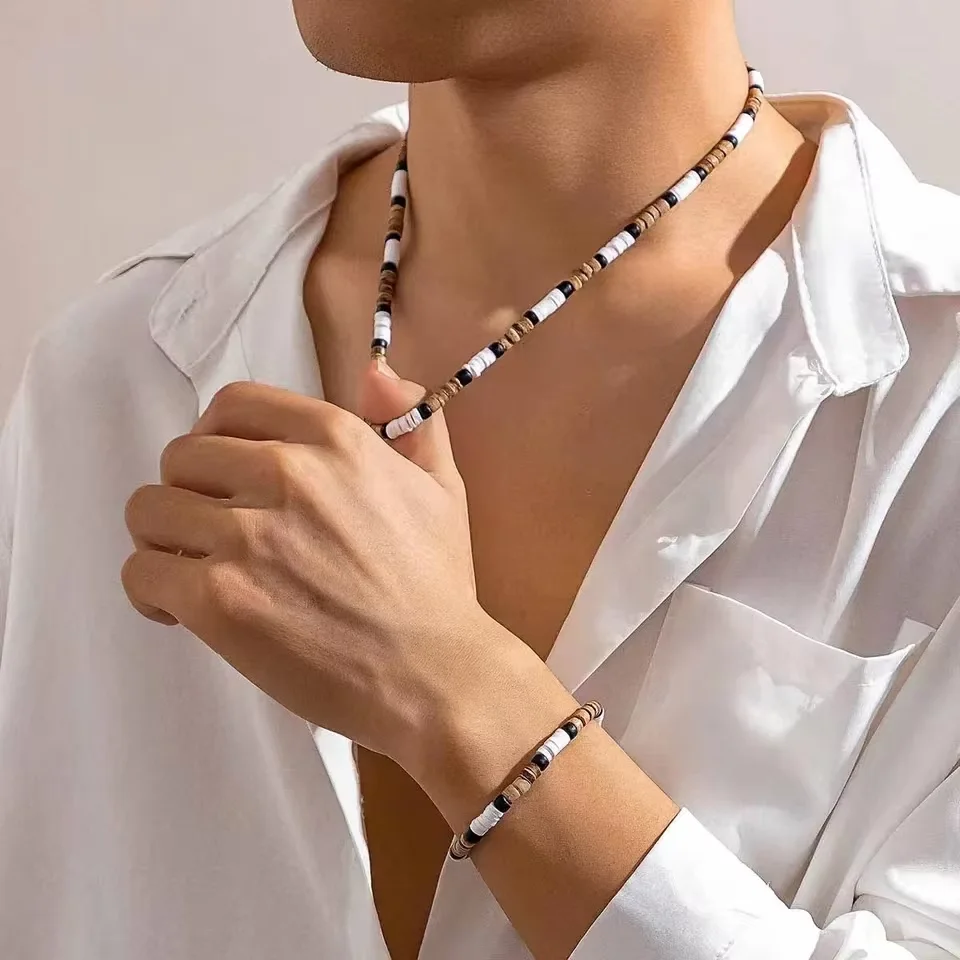 2 PCS Vintage Surfer Beaded Bracelet Necklace Set For Men Boho Layered Necklace For Casual & Beach Wear