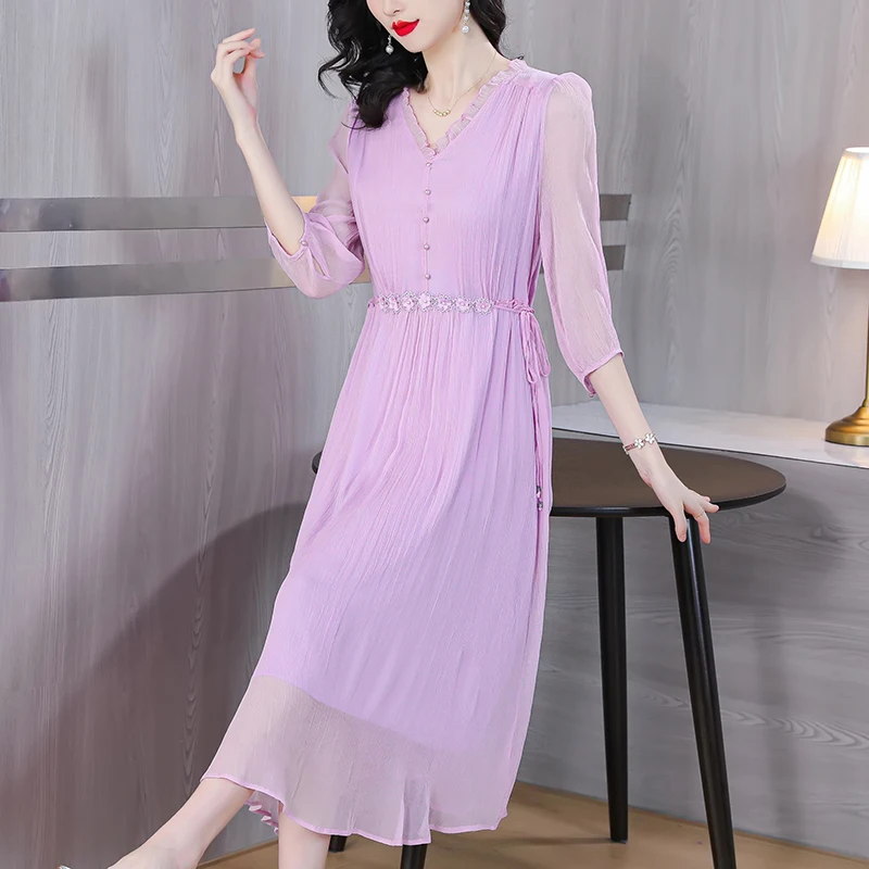 2023 Summer New Solid Silk Mesh Spliced V-Neck Dress for Women's Waist Waist Shrink Lace Chiffon Long Dress Knee Length Gown