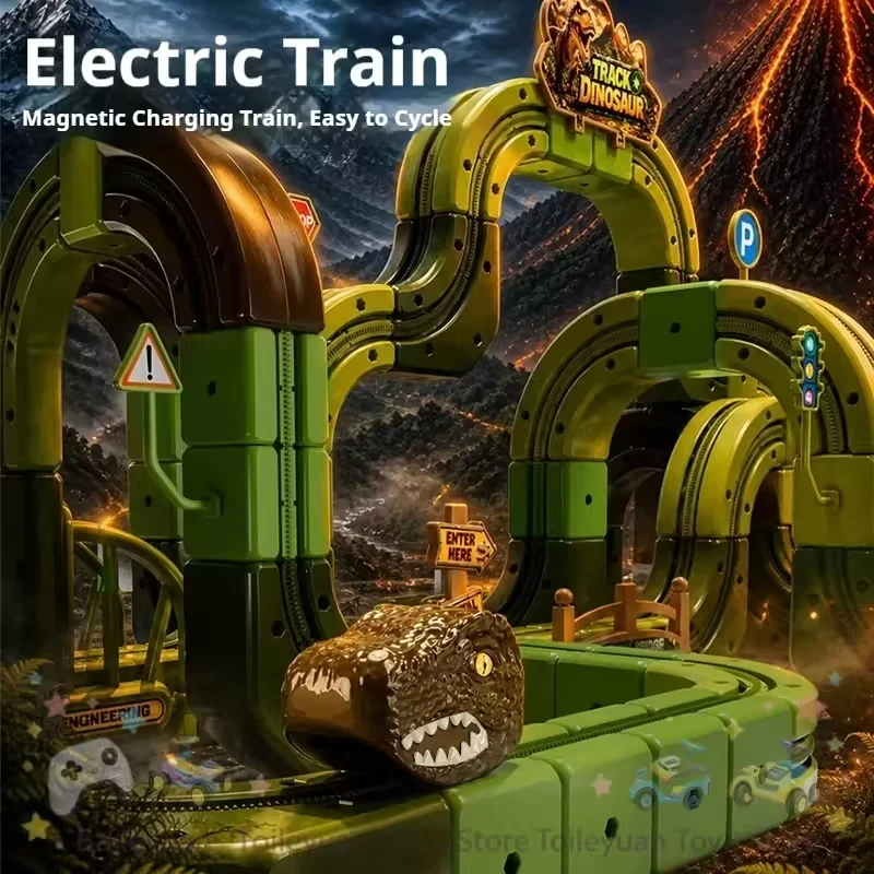 NEW Dinosaur Track Train Diy Assembled Anti Gravity Flexible Track Building Blocks Electric Rechargeable Magnetic Racing Car