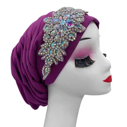 Luxury Rhinestones Turban Cap for Women Pleated African Head Wraps Muslim Hijab Lady Headscarf Bonnet Turbante Mujer