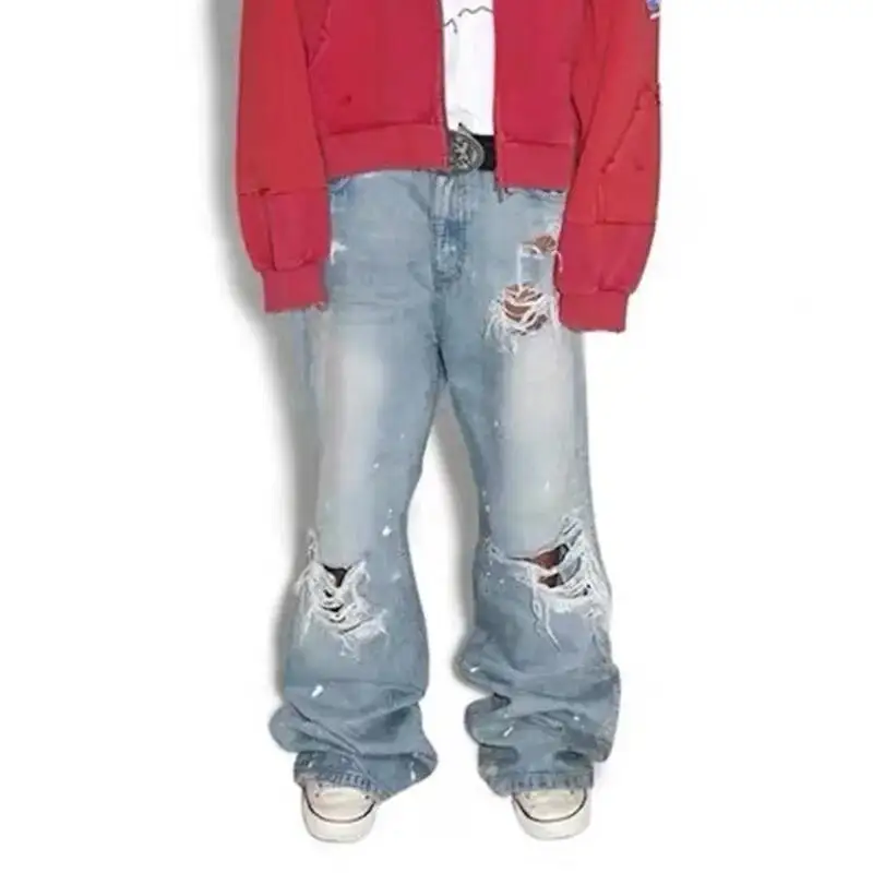 Ripped Brushed Micro Flared Ink Splash Jeans Men's Wide Leg Vintage Washed Blue Long Pants 2026 Spring New 2DZVW