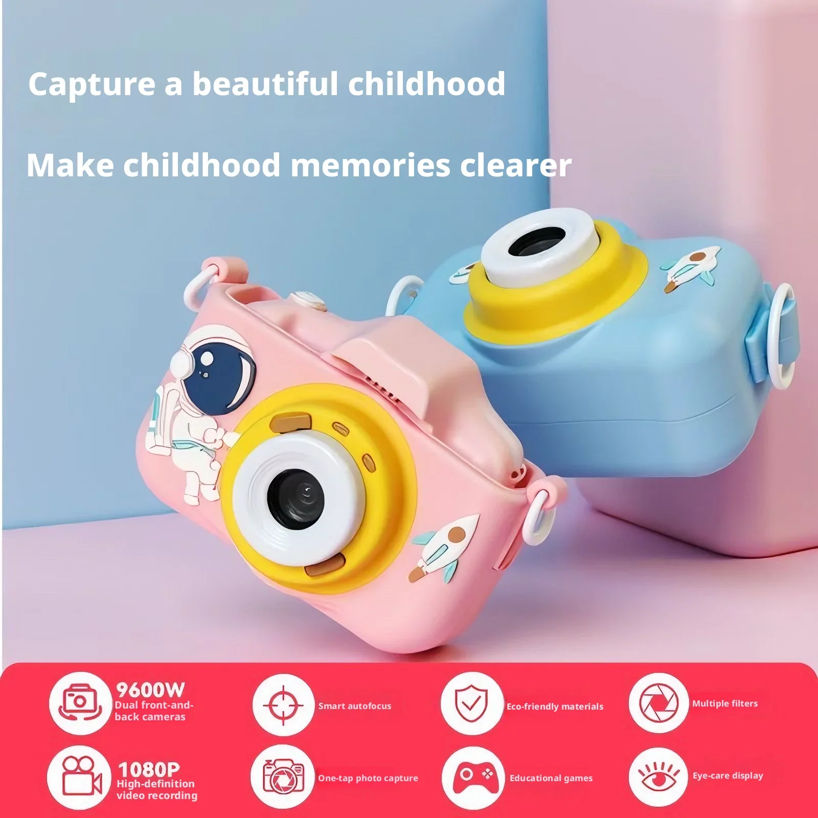 

Kids Digital Camera 9600W Dual Lens 1080P HD Video Recorder with Eye Care Screen Educational Games for Toddler Boys Girls