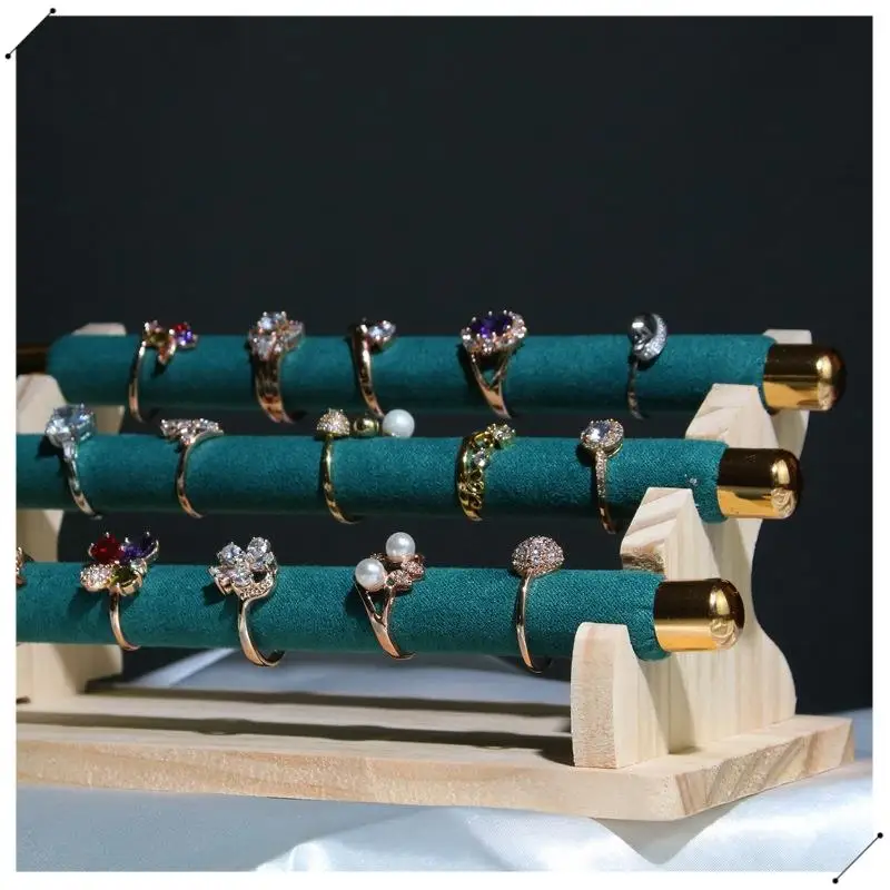 Porta anelli per espositori per gioielli in legno a 3 livelli, espositore per vetrine per gioielli con barra a T e organizer