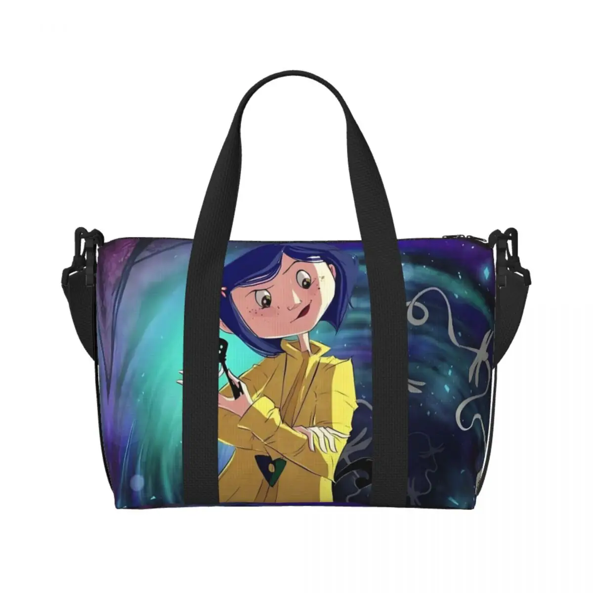 

Custom Coraline Twitchy Witchy Girl Beach Tote Bag for Women Extra Large Gym Carry On Scary Movie Cartoon Travel Shopping Bags