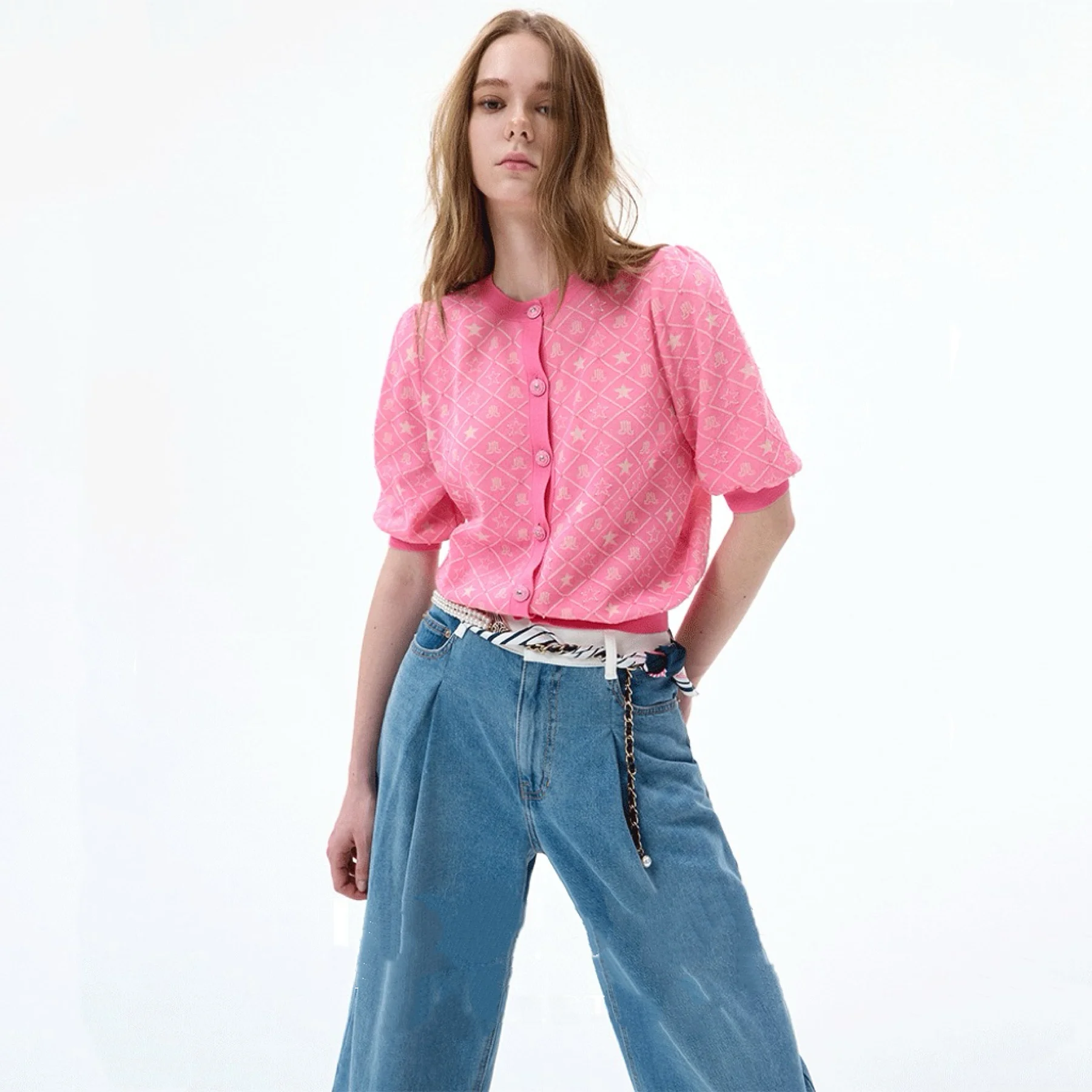 

Korean Sle round Ne Knitted ort Sve Cardigan Hand Sewn Embroidery Heavy Embelliment Versatile Slimming Open Front