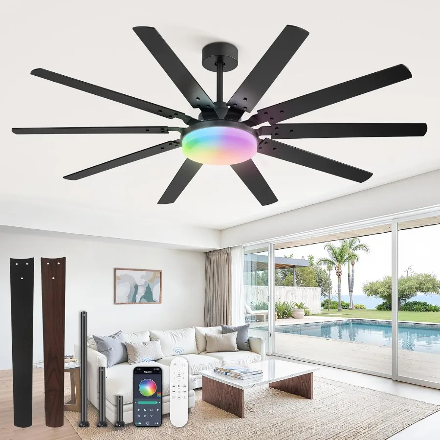 مراوح سقف RGB مقاس 65 بوصة مع أضواء ومروحة سقف سوداء خارجية عن بعد مع 10 شفرات مصباح LED 32 وات 3 CCT 6 سرعات قابلة للعكس #1