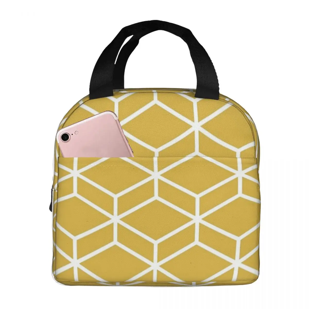 Honeycomb Lattice In White And Light Mustard Yellow Lunch Bags Insulated Bento Box Lunch Tote Leakproof Picnic Bags Thermal Bag