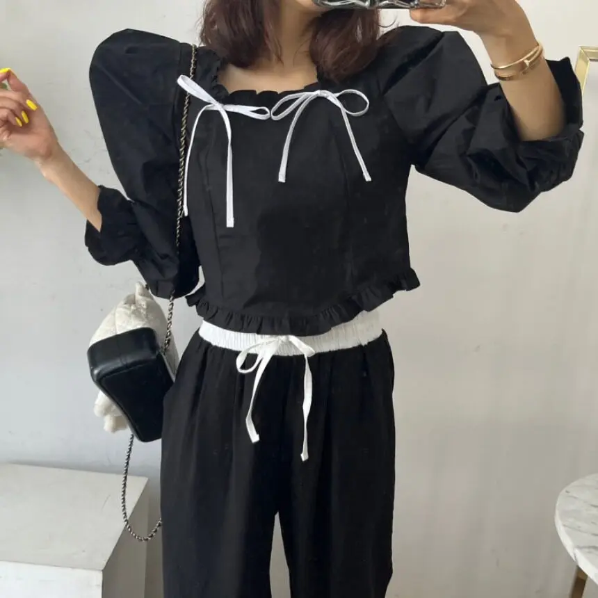 

Sweet Sle Knot Bubble Sve irt Collared Cotton Top for Women ort Length Faionable Spring Summer Blouse