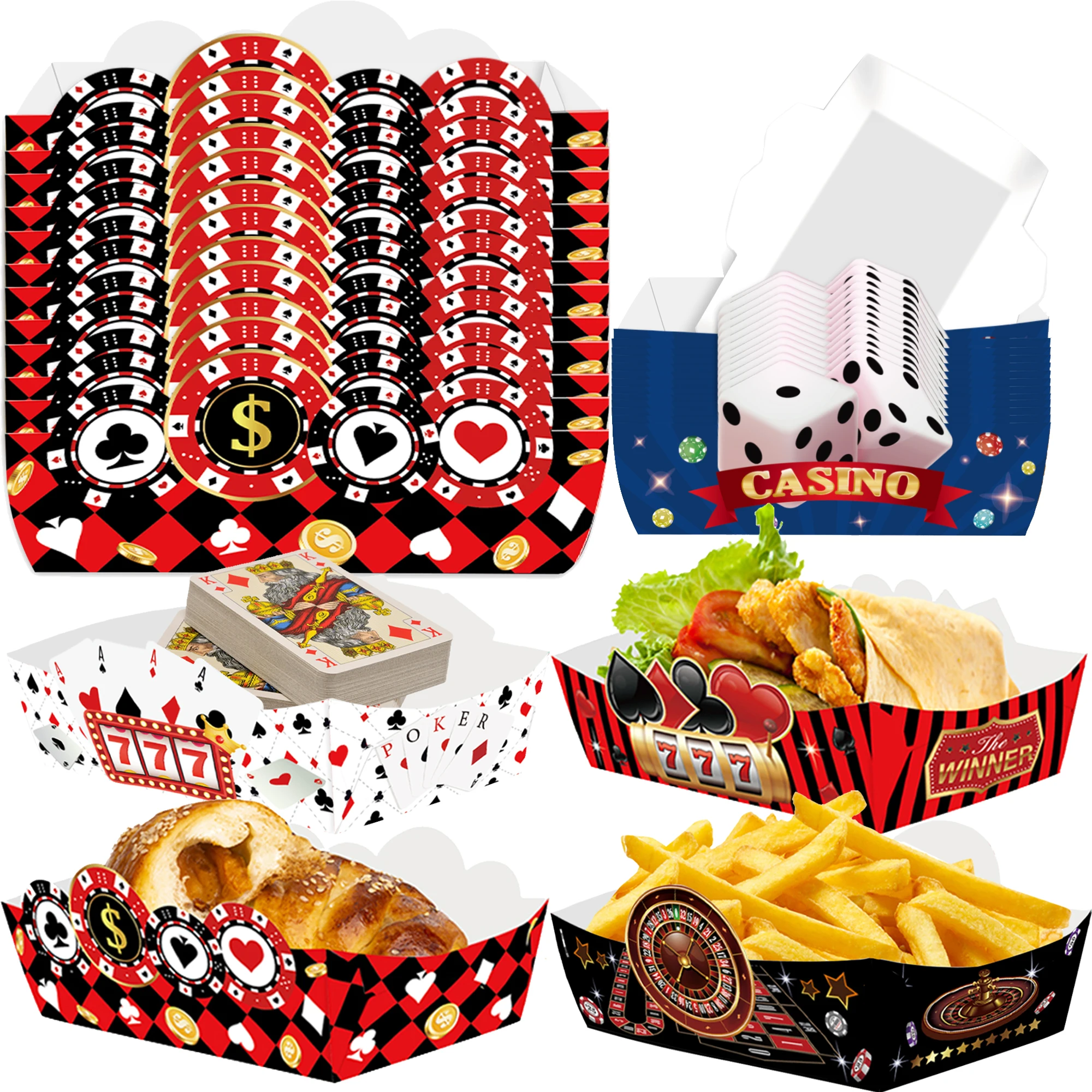 6/12/18/24pcs Casino Poker Dice Paper Food Trays Kraft Paper Food Boat Boxes French Fries Nachos Snack Birthday Party Decoration