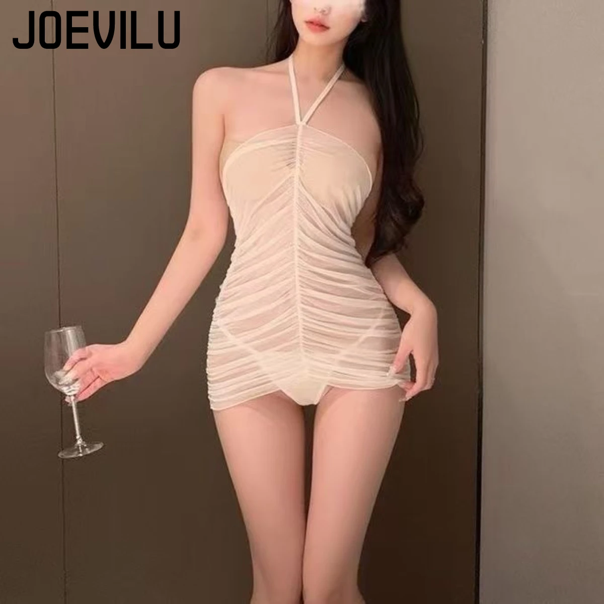 

Women's Sexy Erotic Lingerie New Temperament Bust Mesh Hanging Neck Package Hip Slim Home Nightgowns French Pleated Skirt