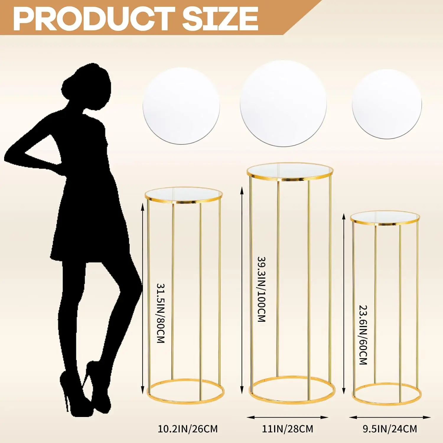 3-Piece Gold Metal Plant Stand, Cylinder Pedestal Stands for Party, Metal Plant Column Pedestals for Display, Round Cylinder Column Tables for Weddings, Cake Stands and Floor Plant Tables