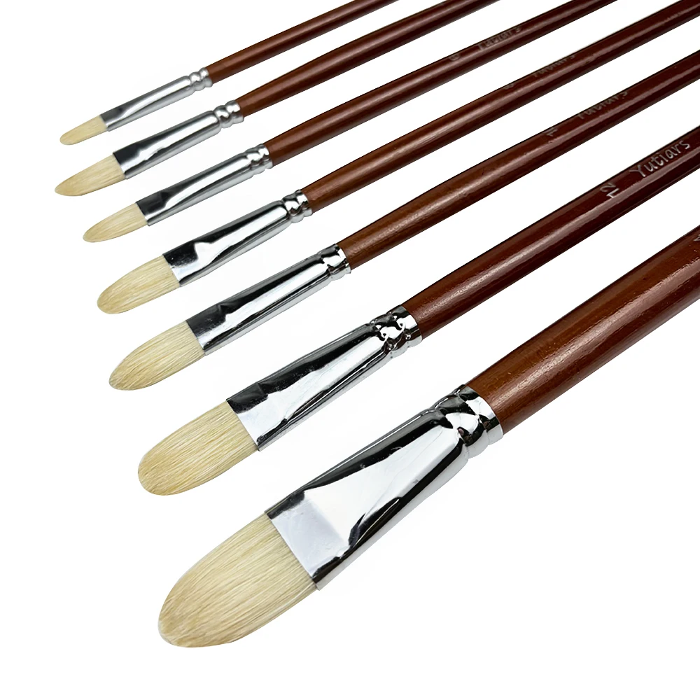 Professional Hog Bristle Filbert Oil Paint Brushes Set, 7pcs Long Wooden Handle Natural Chungking Hog for Oil Acrylic Painting
