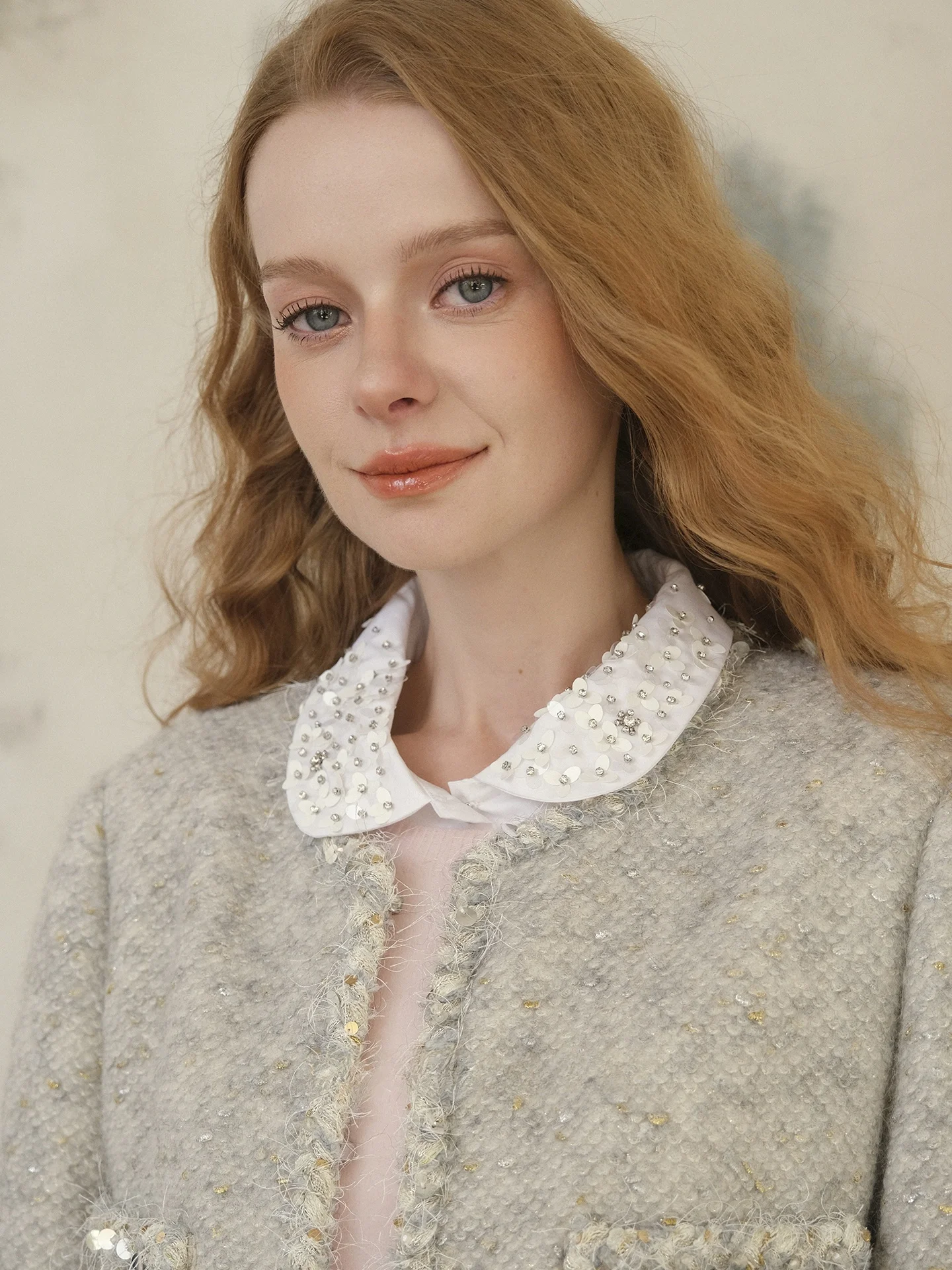 

White irt Women's Doll Collar Knot Sequin Personali Lady irt Early Autumn Straight Tube Cotton Long Sve Bu...