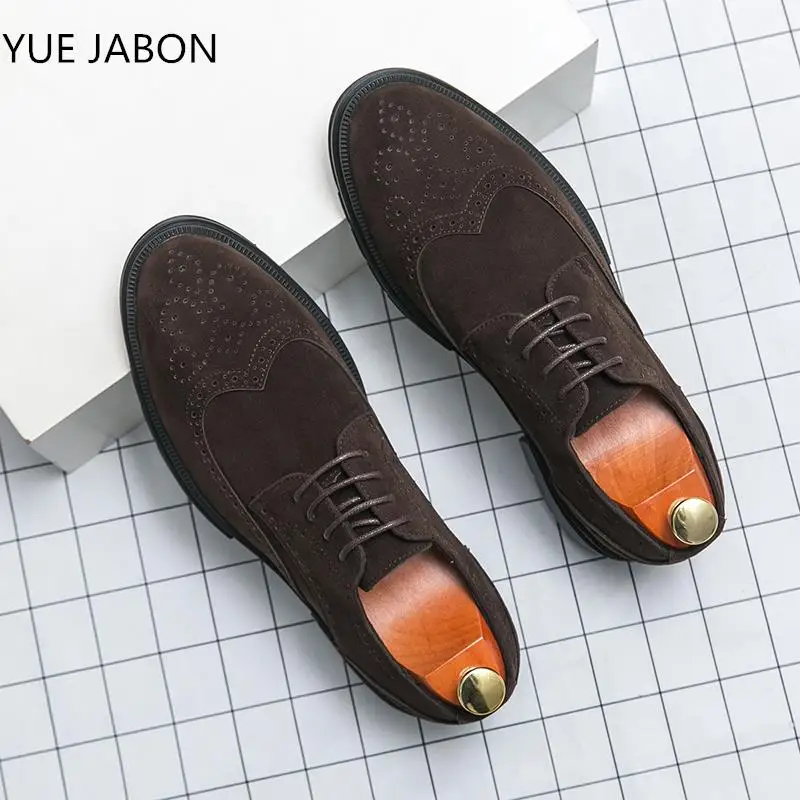 Coffee Brock Shoes Men Faux Suede Carved Business Dress Shoes with Low Heel Business Comfortable Breathable Classic Men Shoes