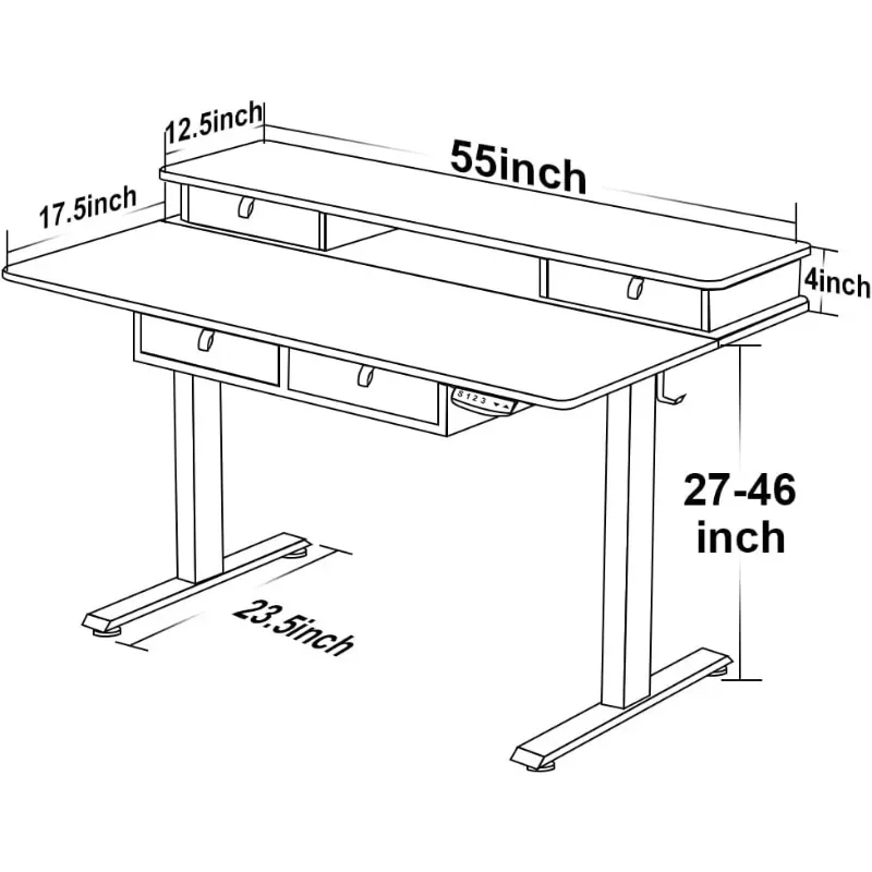 55*30 Inch Elektrisch Staand Verbreed Bureau In Hoogte Verstelbaar Met 4 Laden, Dubbele Opbergplanken Staan Bureau